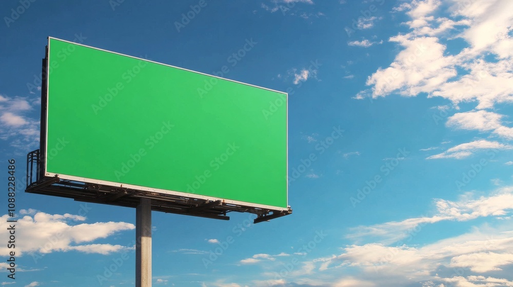 A blank green billboard stands against a bright blue sky with fluffy white clouds, ready for advertising or creative expression. A blank green billboard stands against a bright blue sky with fluffy white clouds, ready for advertising or creative expression.