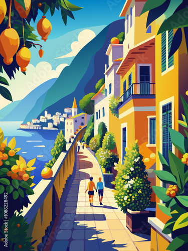 Mediterranean Coastal Stroll: Idyllic Scenery with Lemon Trees