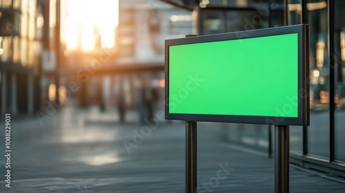 A blank green screen billboard stands in a city setting, basking in the warm glow of sunset, surrounded by modern architecture.