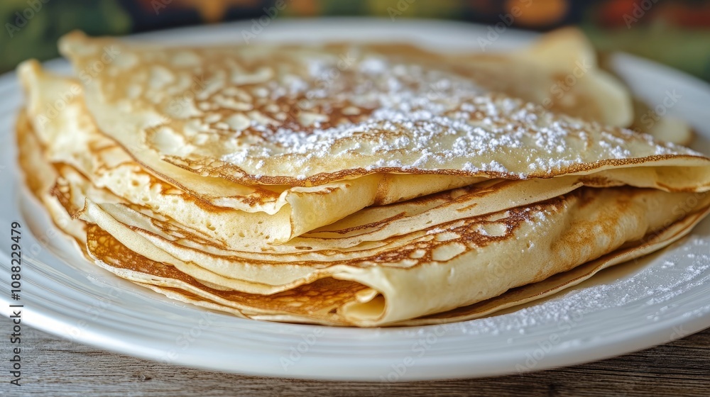 Delicious stack of crepes topped with powdered sugar on a plate Delicious stack of crepes topped with powdered sugar on a plate