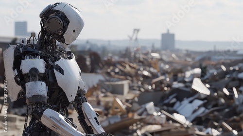 A robotic journalist reporting live from the frontlines of a natural disaster zone, journalistic and emergency setting with disaster aftermath and live reporting equipment