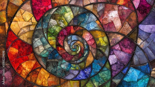 Colorful abstract spiral pattern in stained glass design