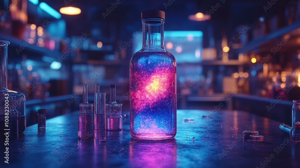 A magical bottle showcasing a galaxy in a dimly lit laboratory A magical bottle showcasing a galaxy in a dimly lit laboratory