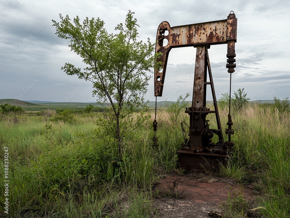 An abandoned oil pump in a field surrounded by green grass and trees, showcasing nature reclaiming its space. An abandoned oil pump in a field surrounded by green grass and trees, showcasing nature reclaiming its space.