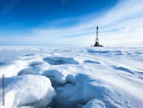 A serene icy landscape featuring an oil rig standing tall amidst the snow, showcasing the beauty of winter.