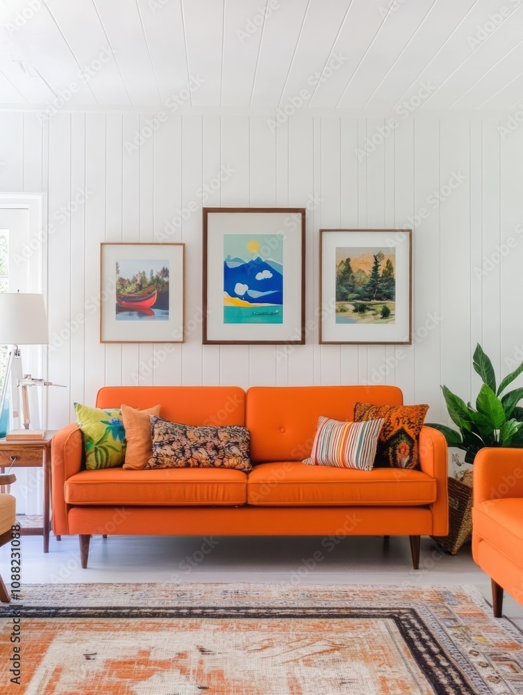 Orange Sofa Decorated With Artwork And Pillows Orange Sofa Decorated With Artwork And Pillows