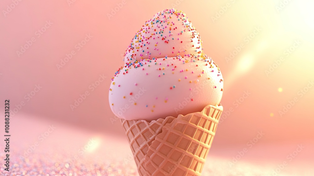 Delicious ice cream cone topped with colorful sprinkles in soft lighting Delicious ice cream cone topped with colorful sprinkles in soft lighting