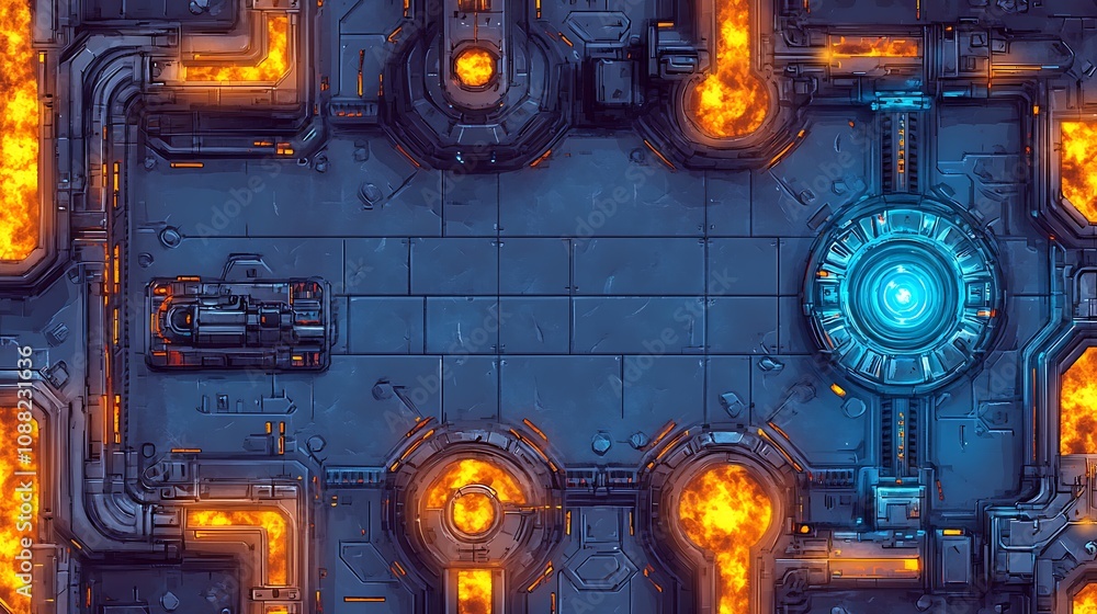 Futuristic factory floor plan with glowing elements and fiery pipes.