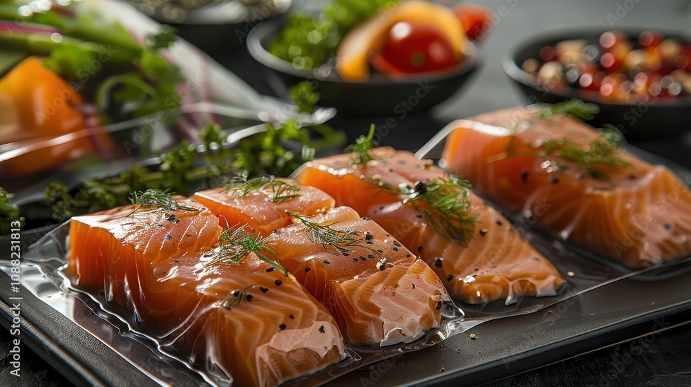 Fresh salmon fillets garnished with herbs, served alongside colorful vegetables and garnishes, showcasing a vibrant culinary presentation. Fresh salmon fillets garnished with herbs, served alongside colorful vegetables and garnishes, showcasing a vibrant culinary presentation.