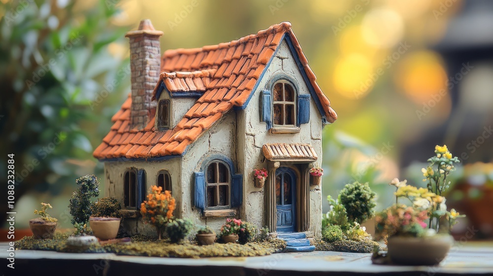 A charming miniature house with a tiled roof and colorful flower pots. A charming miniature house with a tiled roof and colorful flower pots.