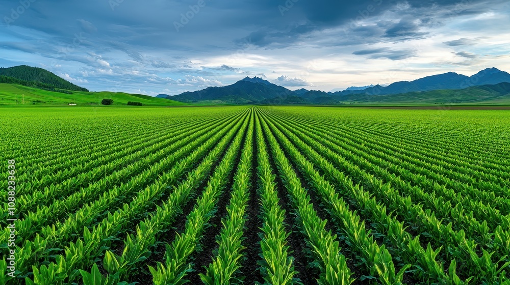 Lush Green Cornfield Under Dramatic Sky with Mountains in the Background, Showcasing Fertile Agriculture and Bountiful Crops in a Picturesque Landscape Lush Green Cornfield Under Dramatic Sky with Mountains in the Background, Showcasing Fertile Agriculture and Bountiful Crops in a Picturesque Landscape