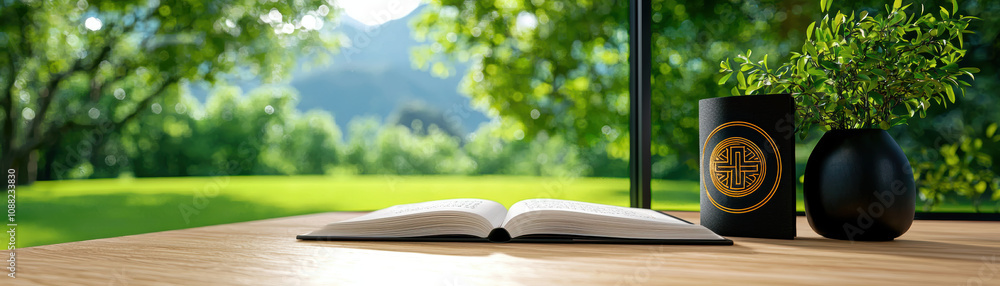 Open book and decorative cup on wooden table in sunny garden setting Open book and decorative cup on wooden table in sunny garden setting