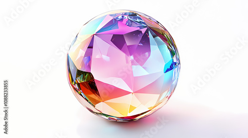 Colorful faceted crystal sphere with iridescent glow on white background. Prismatic Crystal Glow. Illustration