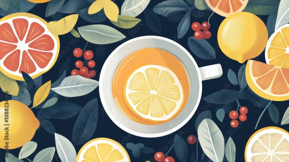 Stylized illustrations of various fruits like lemons, oranges, and berries, for a fresh and vibrant cup pattern Stylized illustrations of various fruits like lemons, oranges, and berries, for a fresh and vibrant cup pattern