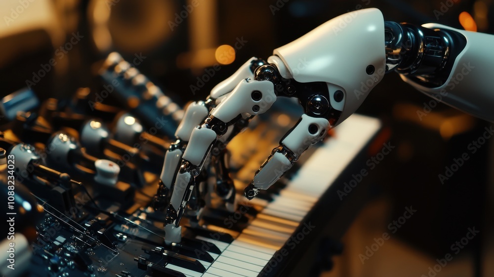 Fototapeta premium A robotic musician composing a symphony in a state-of-the-art music studio, creative and inspiring setting with musical instruments and digital composition tools, Music Composition Robotics style