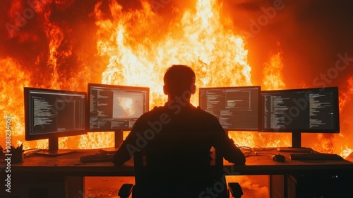 Under Pressure: A Programmer's Night of Intense Coding Against a Fiery Backdrop