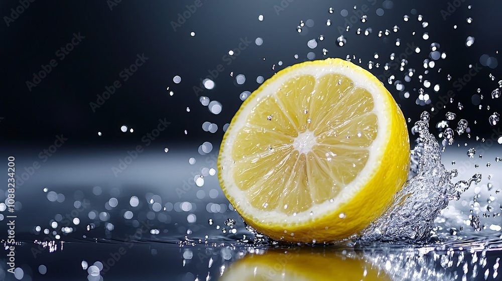 Dynamic close-up of a halved lemon splashing in dark water, droplets frozen mid-air, citrus vibrant against deep shadows, breakfast zest moment Dynamic close-up of a halved lemon splashing in dark water, droplets frozen mid-air, citrus vibrant against deep shadows, breakfast zest moment