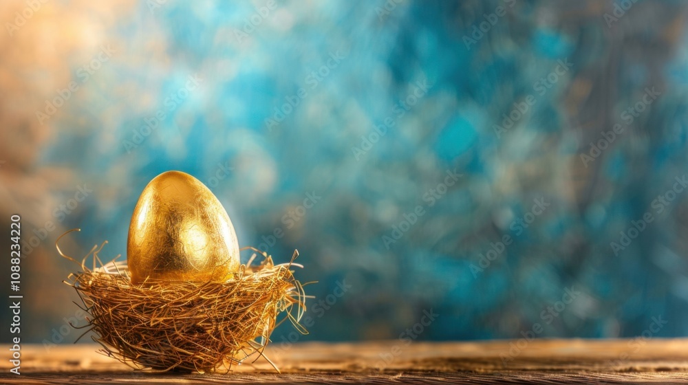 Golden Nest-Egg On Wooden Table With Blue Background - Investment / Retirement Plan Concept Golden Nest-Egg On Wooden Table With Blue Background - Investment / Retirement Plan Concept