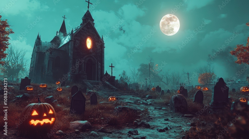 Spooky graveyard scene with a haunted church and glowing pumpkins under a full moon. Spooky graveyard scene with a haunted church and glowing pumpkins under a full moon.