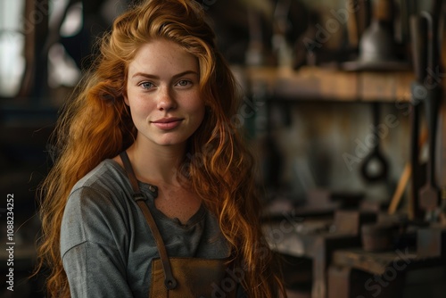 A woman with red hair in a workshop. This photo is ideal for websites promoting women in STEM or highlighting women in the trades.