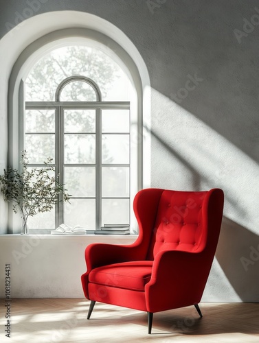 Red armchair near arched wi...
