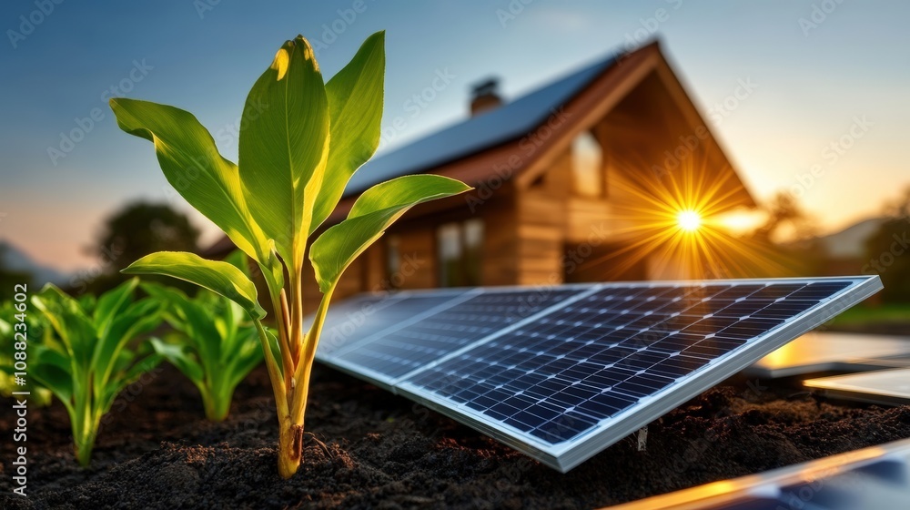 Fototapeta premium Solar Energy and Green Plants in Sustainable Environment