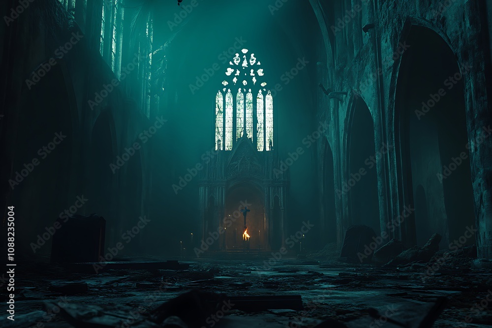 A dimly lit, abandoned cathedral with dramatic lighting and an eerie atmosphere. A dimly lit, abandoned cathedral with dramatic lighting and an eerie atmosphere.