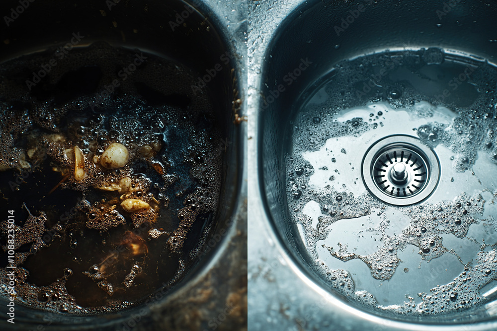 Kitchen sink before and after cleaning with food residue Kitchen sink before and after cleaning with food residue