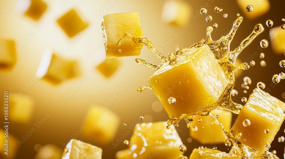 Mid-air explosion of pineapple cubes and juice droplets, sharply focused, with a luminous yellow backdrop for a tropical, dynamic feel Mid-air explosion of pineapple cubes and juice droplets, sharply focused, with a luminous yellow backdrop for a tropical, dynamic feel