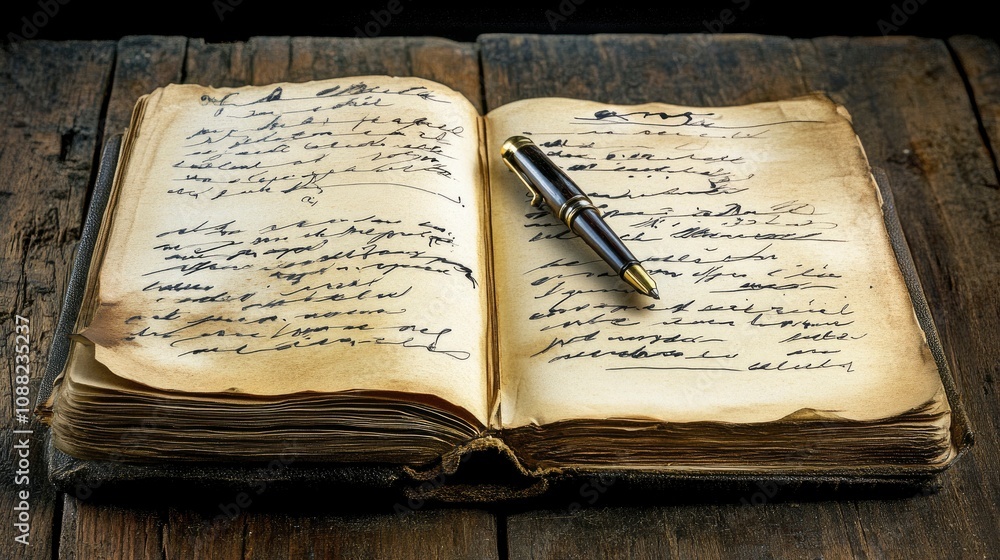 Fototapeta premium Old notebook with handwritten pages and a pen on wooden table