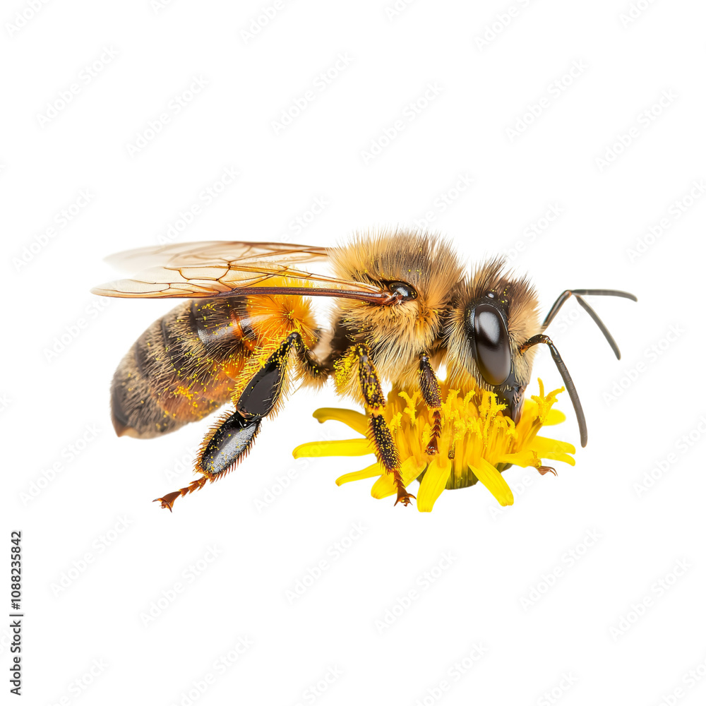 A close-up of a bee collecting pollen from a vibrant yellow flower. A close-up of a bee collecting pollen from a vibrant yellow flower.