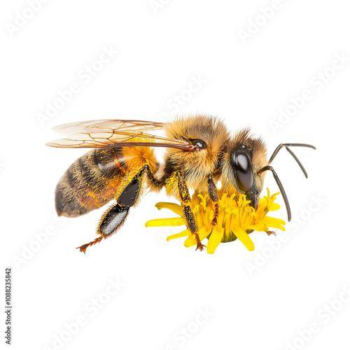 A close-up of a bee collecting pollen from a vibrant yellow flower.