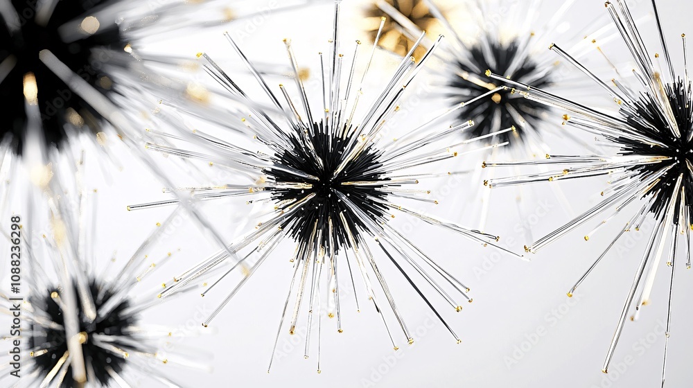 Naklejka premium Abstract artistic display of elegant spherical light fixtures with dynamic bursts of brilliance, showcasing intricate details in black and glass textures.
