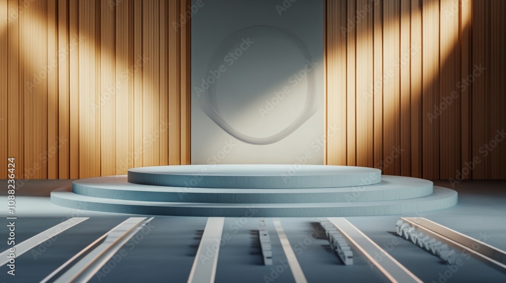 Obraz premium Modern Minimalist Wooden Stage Design with Blue Podium