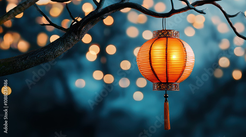 Glowing lantern hanging on tree branch during festive night