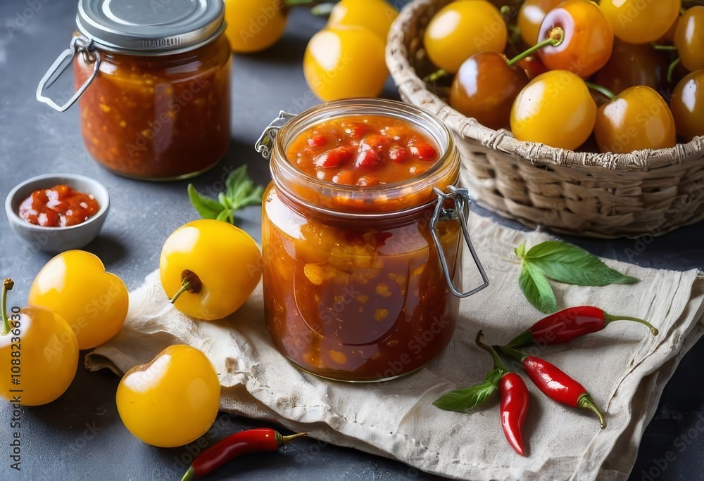 A glass jar filled with homemade yellow cherry plum sauce with red chili peppers and herbs on top A glass jar filled with homemade yellow cherry plum sauce with red chili peppers and herbs on top