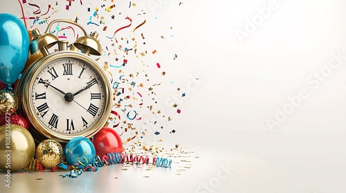 Festive New Year Celebration with Clock, Colorful Balloons and Confetti Ready to Welcome in the New Year with Joy and Excitement in a Bright Atmosphere