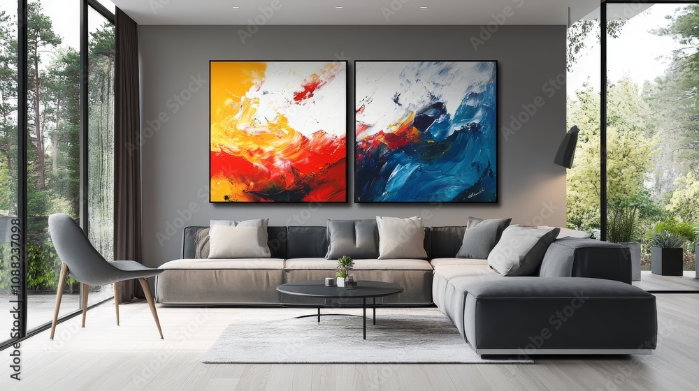 Fototapeta premium A modern living room featuring abstract art, a cozy sofa, and large windows that invite natural light and outdoor views.