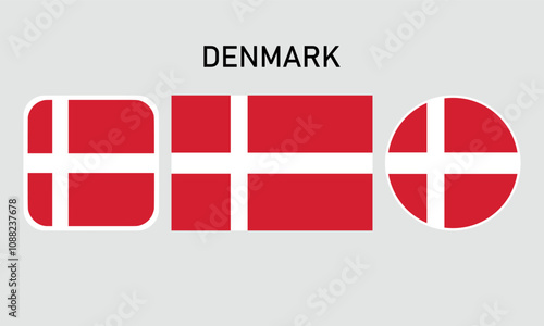 denmark flag set of icons. A set of flags in square, rectangular and round shapes. Flag icon. Standard colors. Vector illustration.