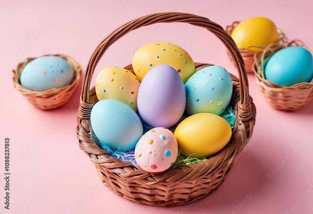 A basket filled with Easter cookies and colorful eggs on a pastel background A basket filled with Easter cookies and colorful eggs on a pastel background