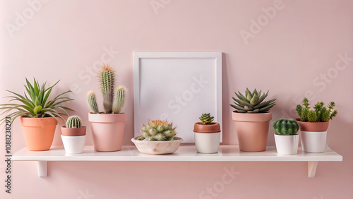 White shelf with plants and a blank frame.