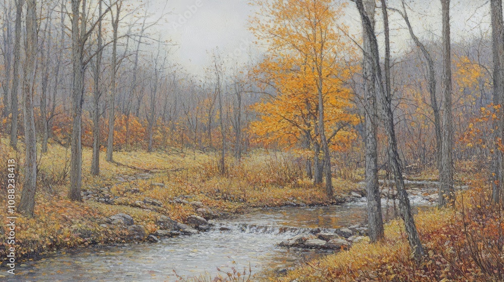 Serene autumn landscape with a winding stream and colorful foliage Serene autumn landscape with a winding stream and colorful foliage