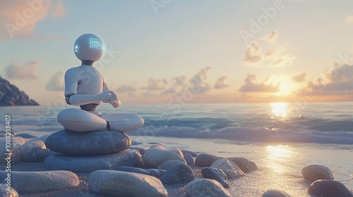 2410_198.futuristic ai assistance in meditation practice, pristine coastal landscape, robotic appendage delicately adjusting rock tower, sun-bleached pebbles, seamless blend of serenity and advanced