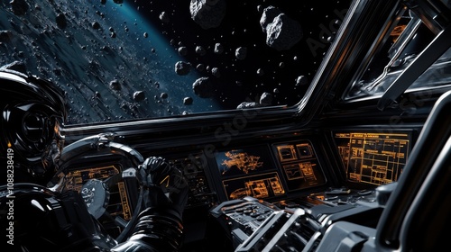 Fototapeta Naklejka Na Ścianę i Meble -  A robotic pilot navigating through asteroid fields in a deep space exploration mission, cosmic and exploratory setting with asteroid belts and spaceship controls, Deep Space Pilot Robotics style