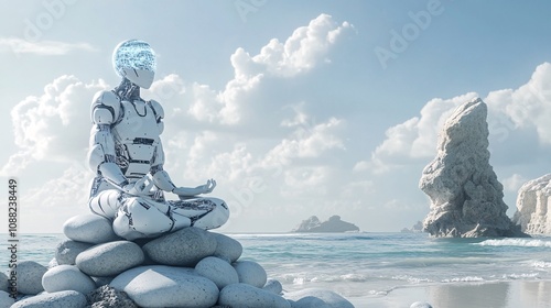 2410_198.futuristic ai assistance in meditation practice, pristine coastal landscape, robotic appendage delicately adjusting rock tower, sun-bleached pebbles, seamless blend of serenity and advanced