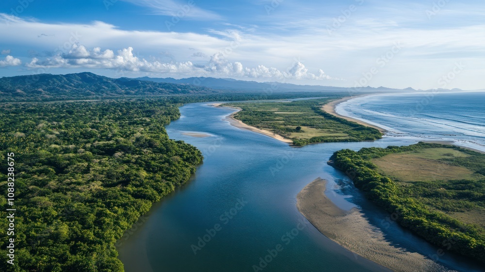 Aerial view of a river winding through lush greenery and coastal landscape. Aerial view of a river winding through lush greenery and coastal landscape.