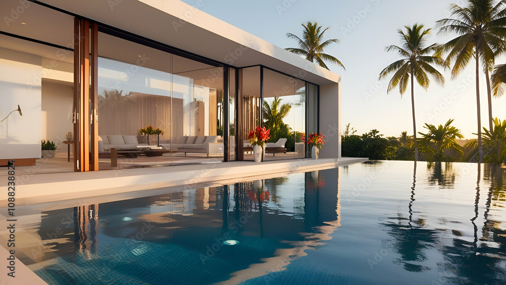 Fototapeta premium A sleek contemporary house with floor-to-ceiling glass walls and a sparkling infinity pool