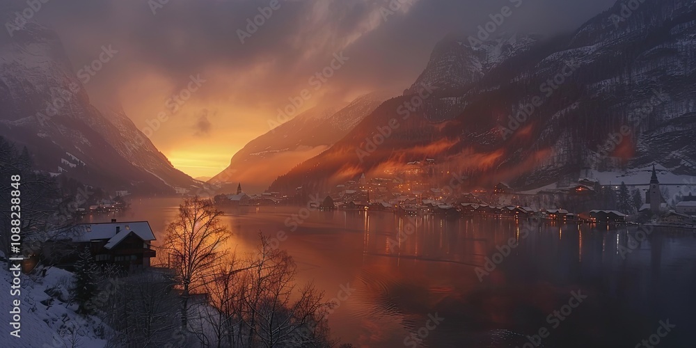Sunrise Over Hallstatt with Golden Light Illuminating the Mountains and Lake Sunrise Over Hallstatt with Golden Light Illuminating the Mountains and Lake