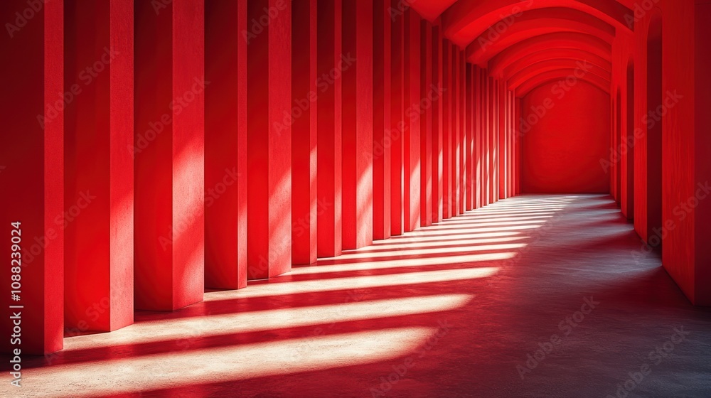 Vibrant red corridor with shadowed columns and arches. Vibrant red corridor with shadowed columns and arches.