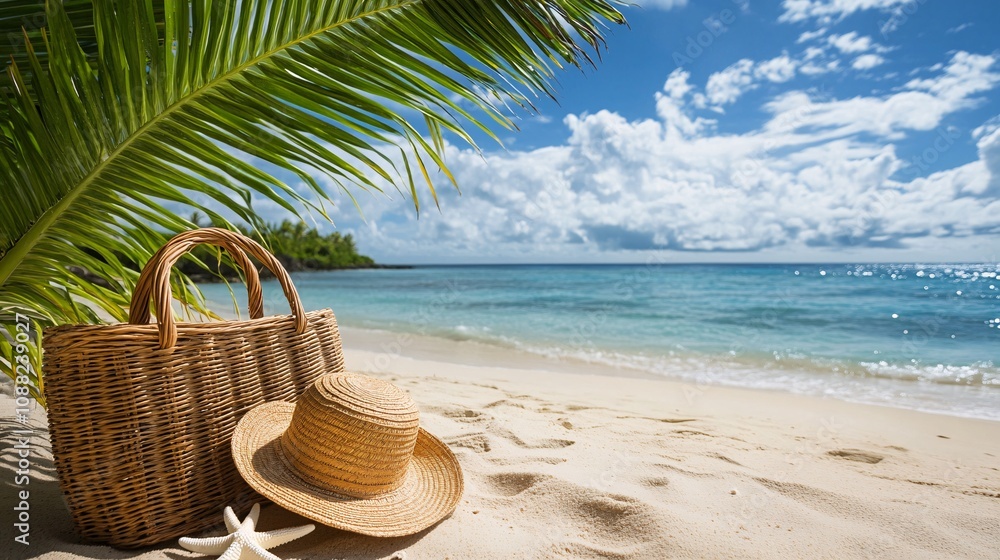 2410_334.a beautiful tropical beach scene under a sunny sky, with a gentle ocean horizon and golden sands stretching across the foreground a stylish travel bag sits in the sand, adorned with a straw
